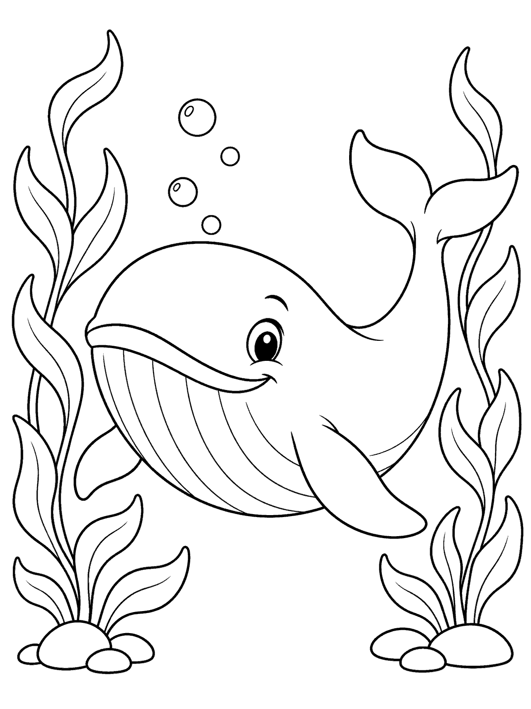 Whale coloring page showing a smiling whale framed by tall seaweed plants and bubbles