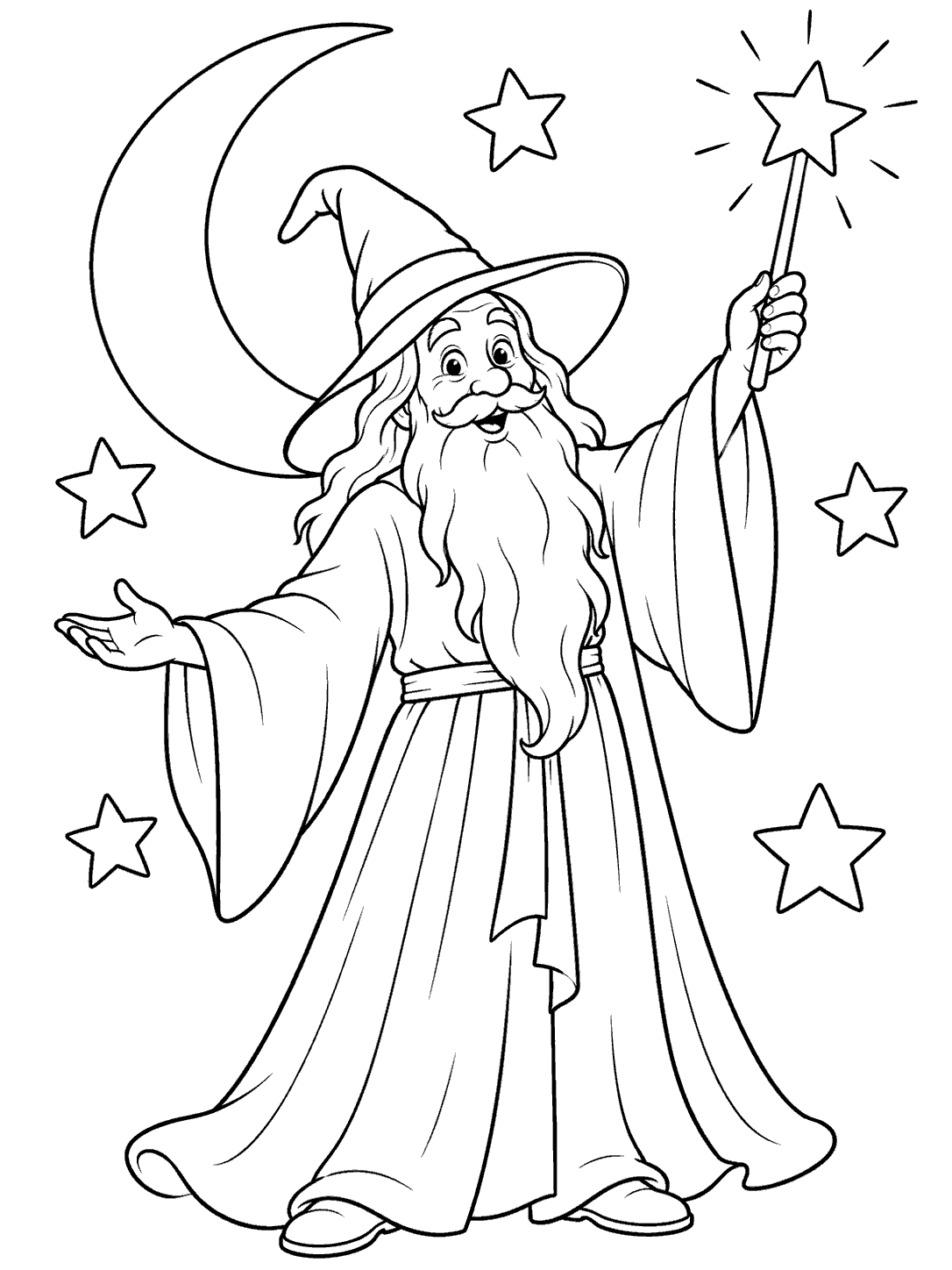 A full-length friendly wizard in a pointed hat and long robe raises a star-tipped wand beneath a crescent moon, surrounded by large stars.