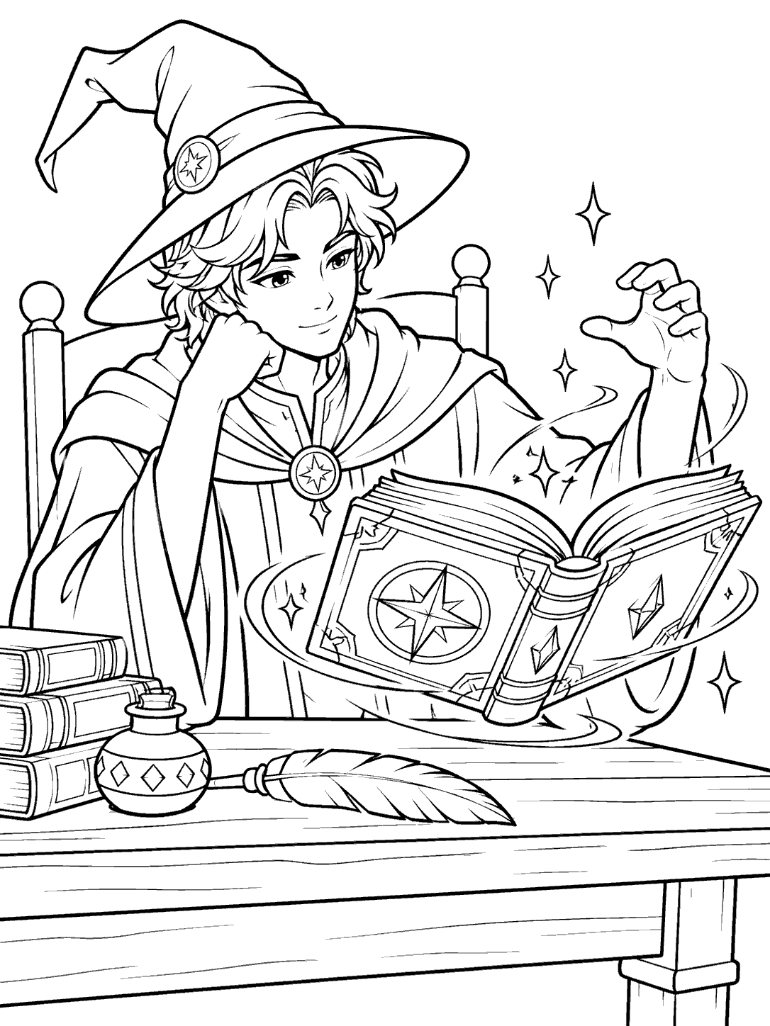 A young wizard in robes studies a floating open spellbook above a table with a quill and sparkles.