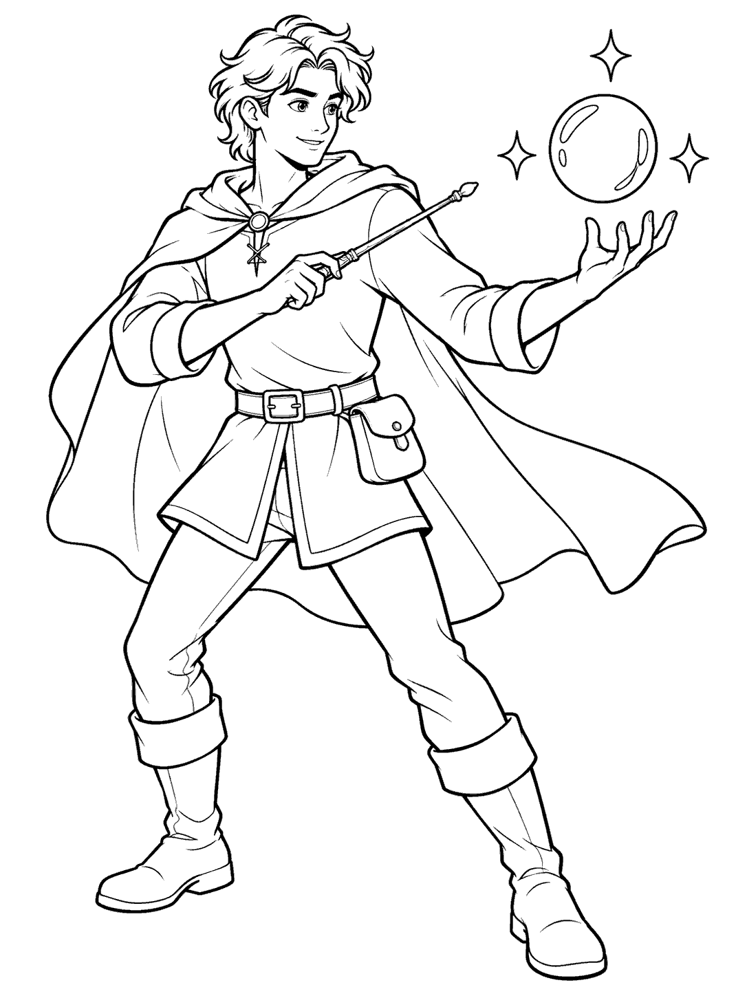 An adult wizard apprentice in a tunic, belt, and short cape practices a spell, guiding a floating orb surrounded by three sparkles.