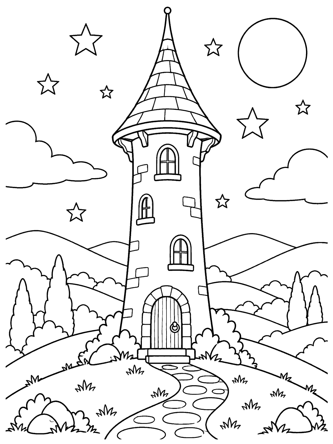 A tall wizard’s tower with windows and a small arched door stands on a hill among rolling hills, trees, clouds, and stars.