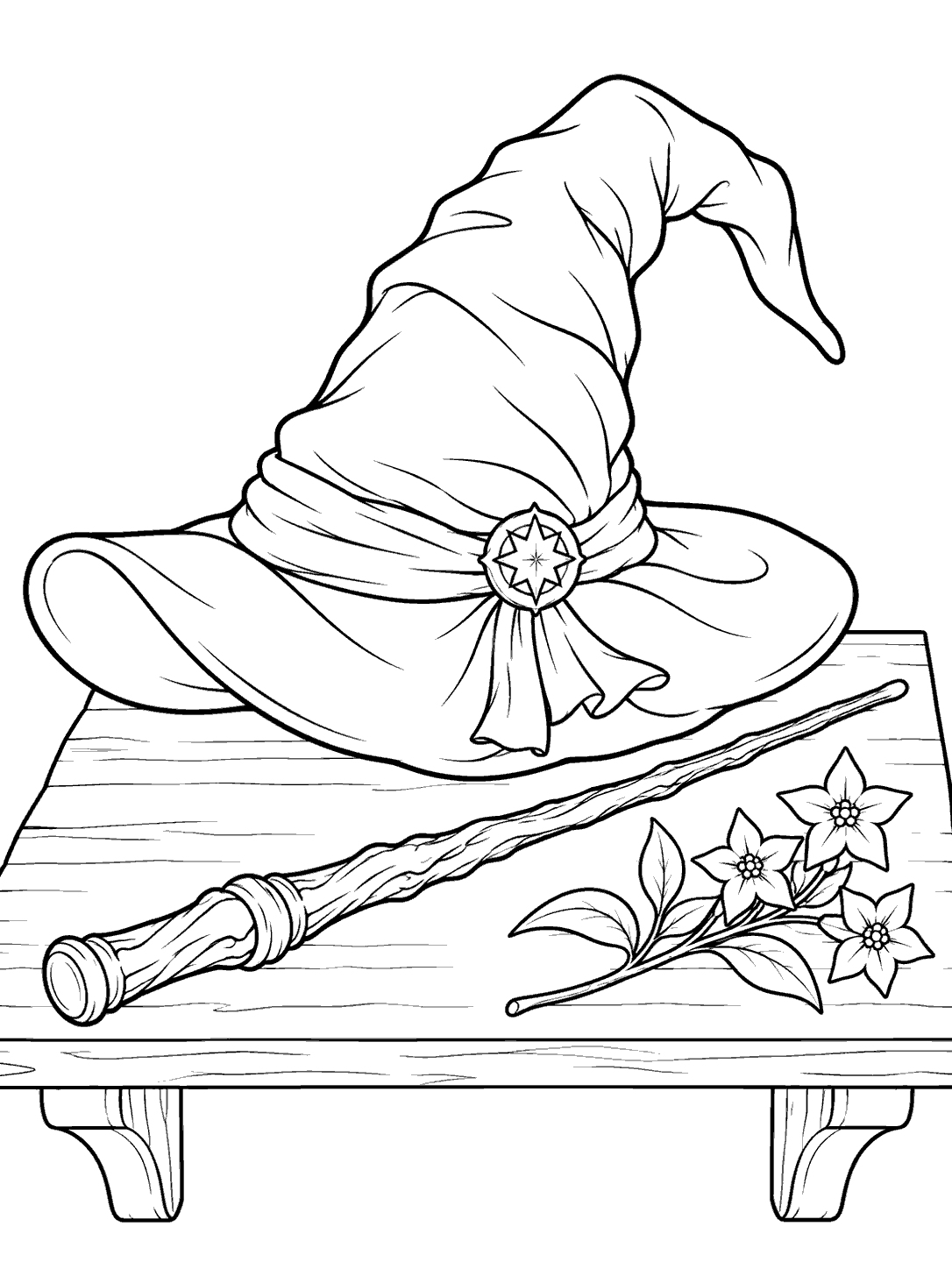 Black outline coloring page showing a floppy wizard hat, a wand, and a sprig with star-shaped blossoms arranged on a shelf.