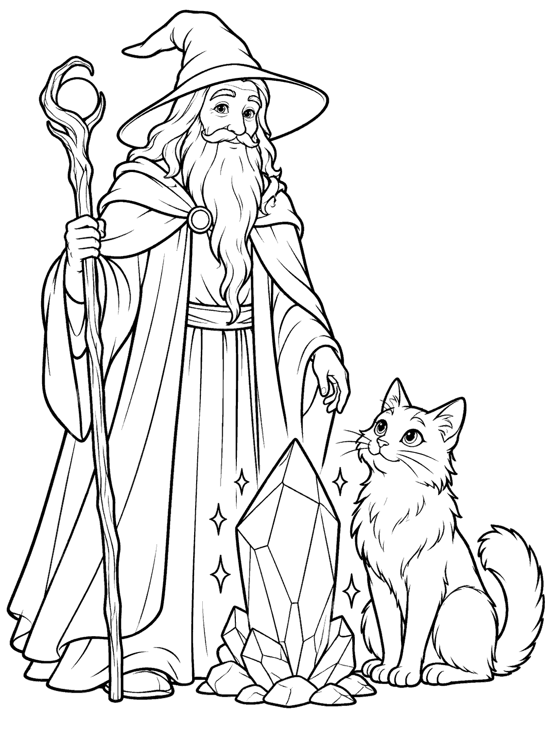 A friendly cloaked wizard with a staff stands beside a seated cat and large faceted crystal.
