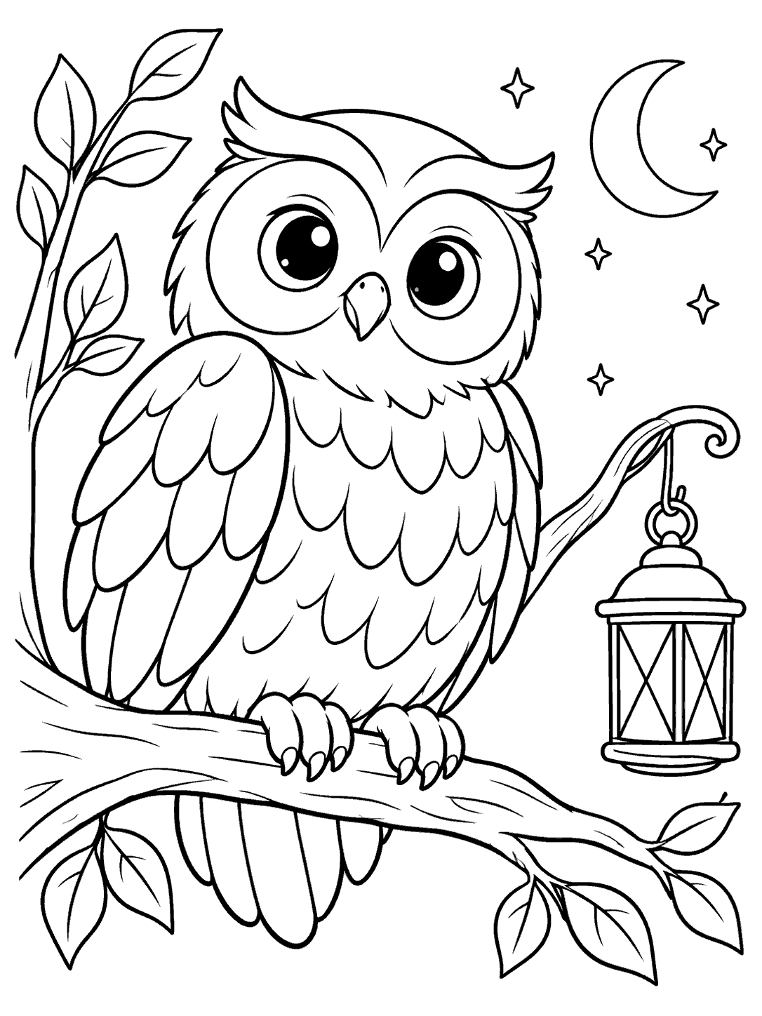 A large round owl with broad feather sections perched on a leafy branch beside a hanging lantern, with a crescent moon and stars in the background.