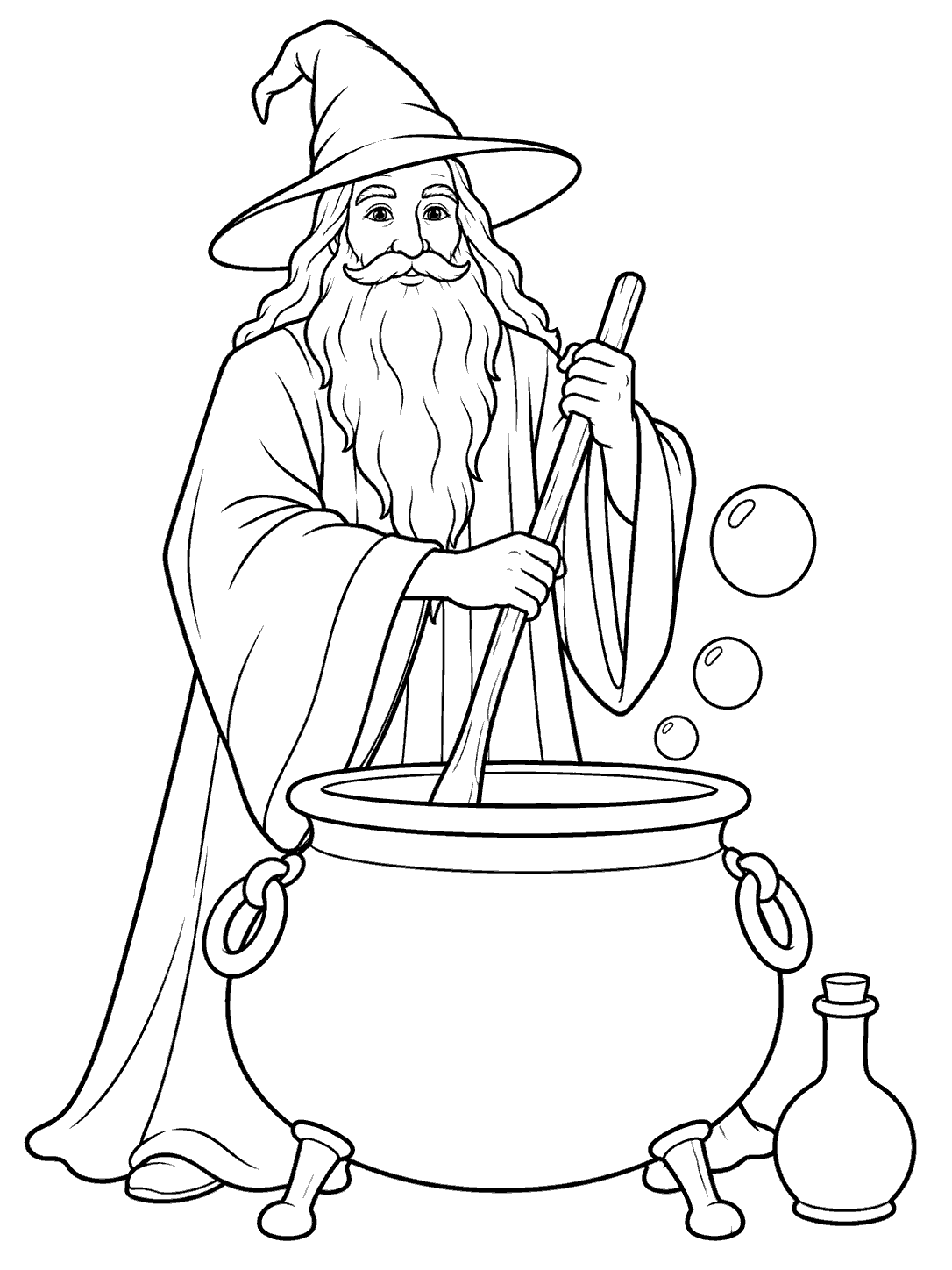 Black outline coloring page showing a robed wizard stirring a large cauldron with a long spoon, three bubbles above it, and a small bottle on the ground.