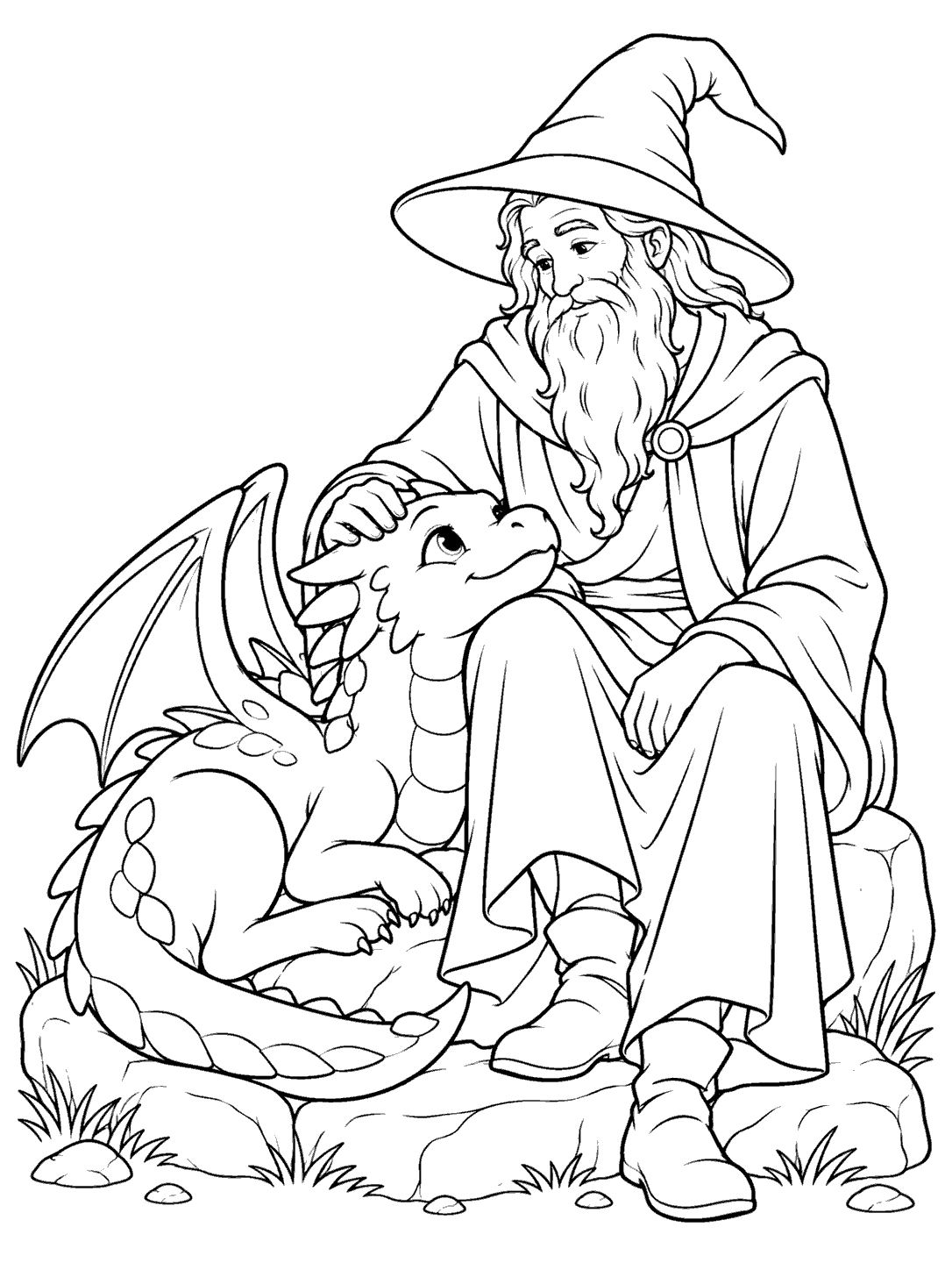 A small friendly dragon beside a seated wizard