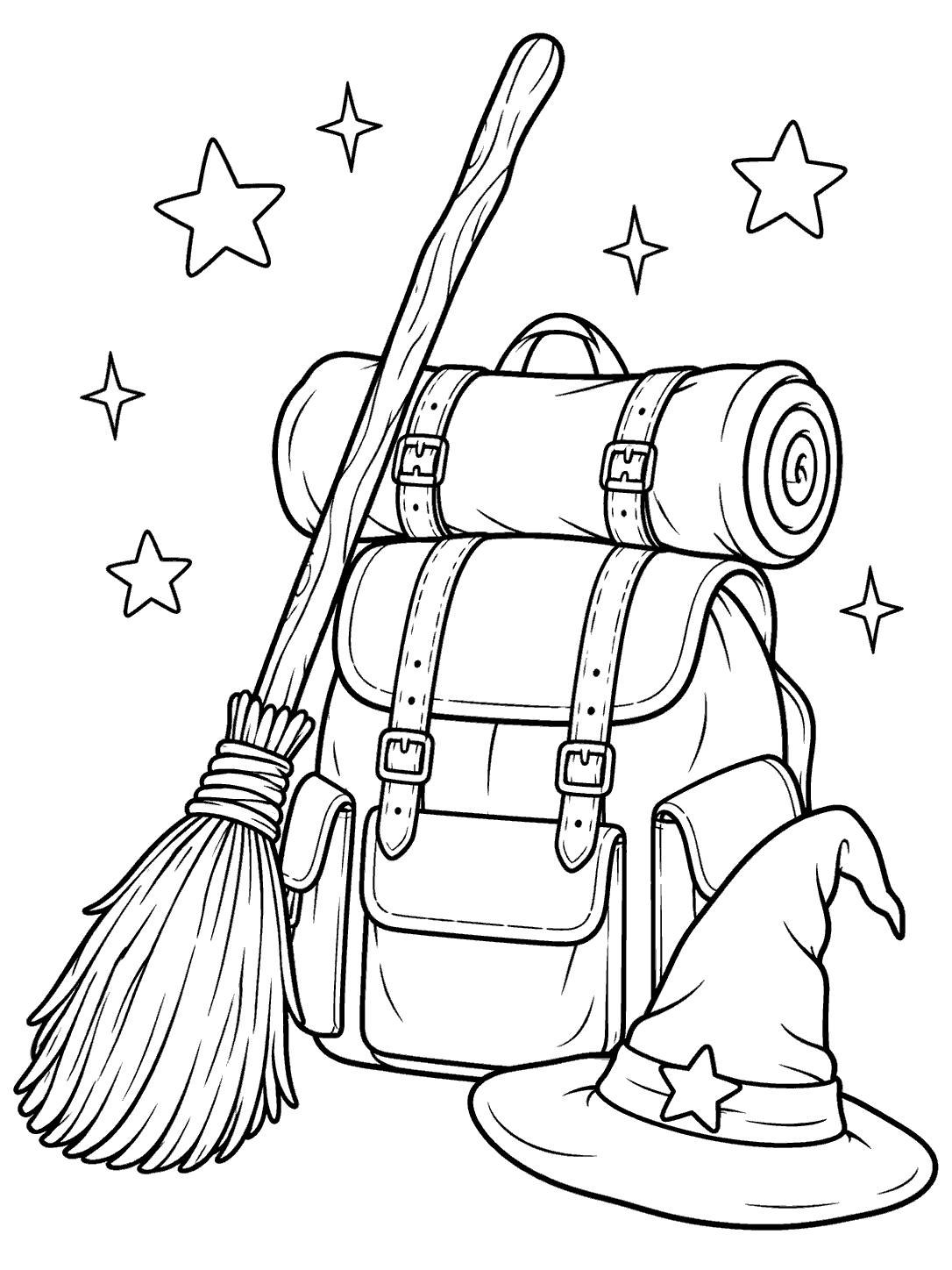 Black outline coloring page of a broomstick leaning against a travel pack with a rolled blanket, with a pointed wizard hat and stars nearby.