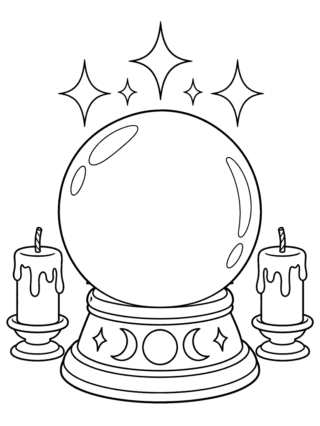 A large crystal ball with simple reflection shapes sits on a decorated pedestal between matching unlit candles, beneath five sparkles.