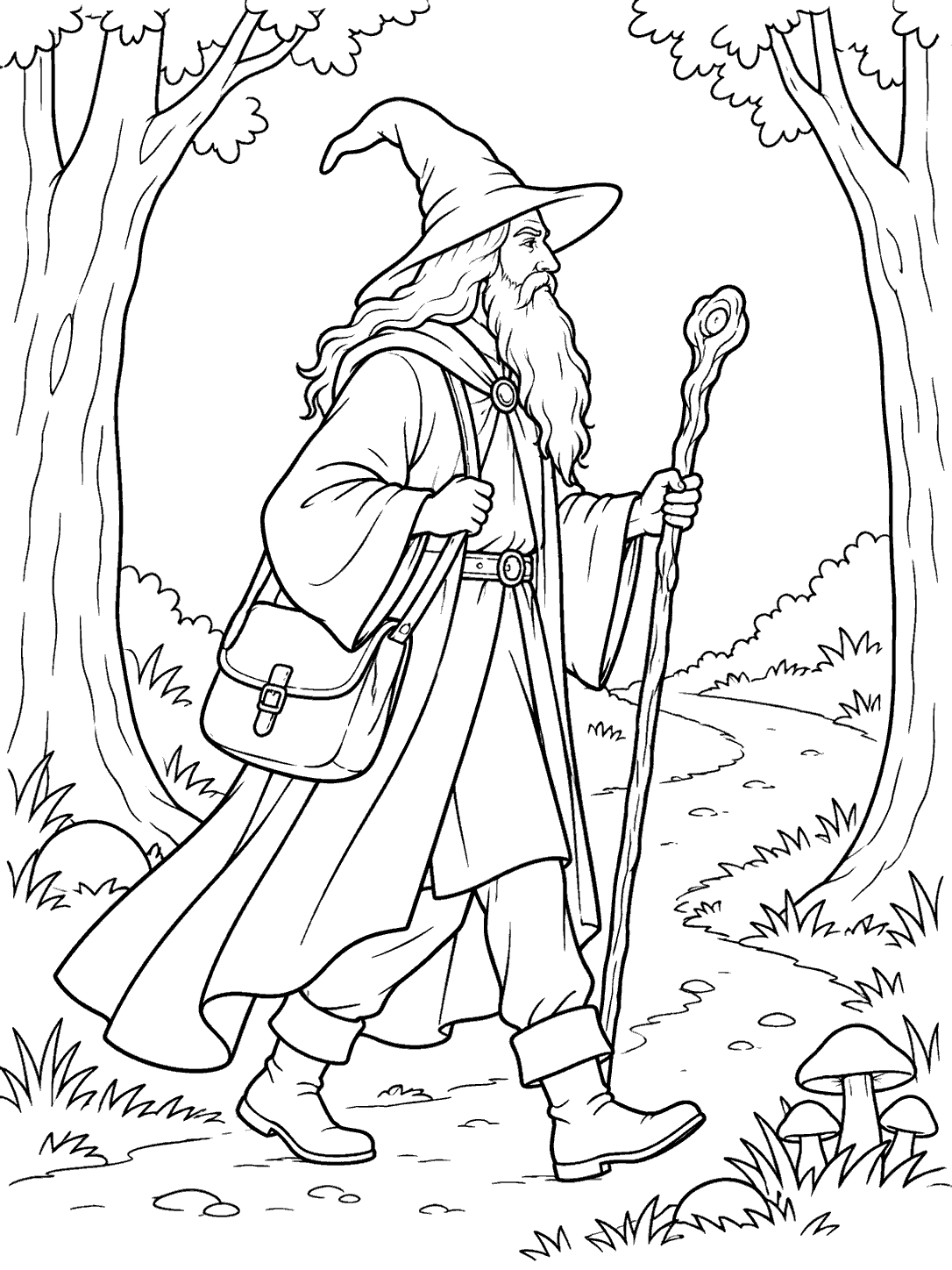 Full-body side view of a bearded wizard carrying a staff and satchel along a forest path, framed by two tall trees with mushrooms nearby.