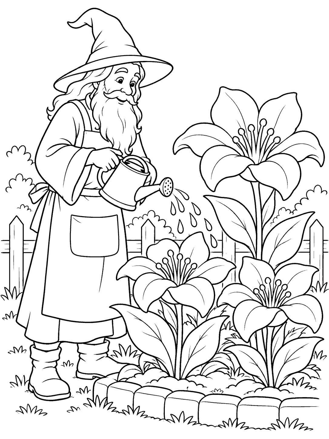 A bearded wizard in an apron waters three large flowers beside a low garden fence.