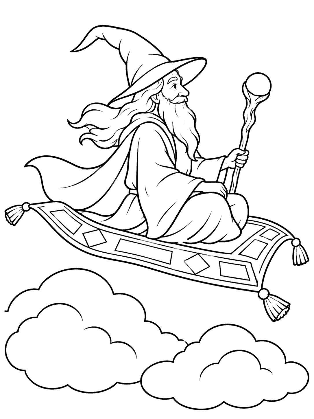 A bearded wizard in a pointed hat rides a flying carpet above clouds, holding a staff.