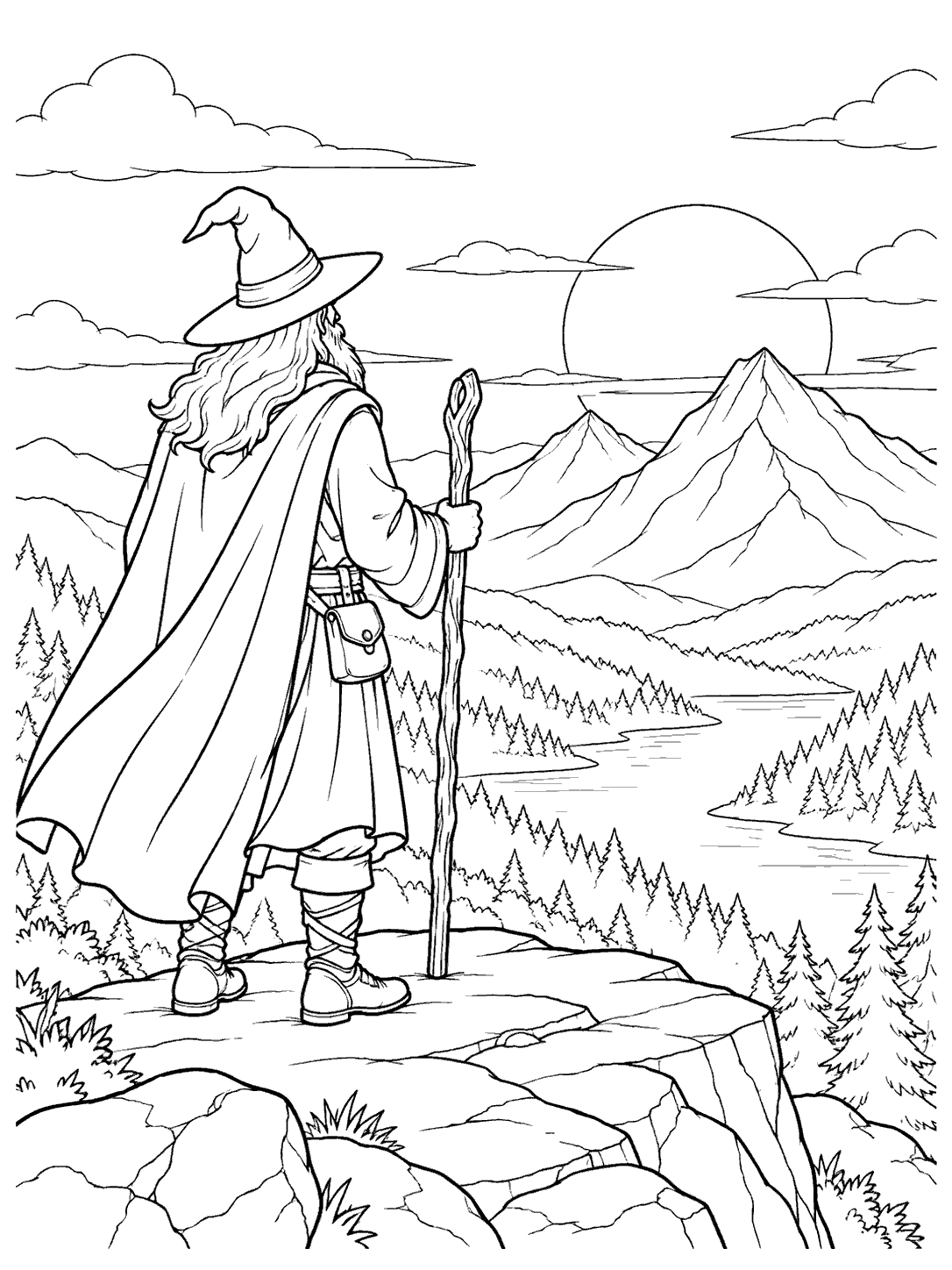 A cloaked wizard holding a walking staff at a mountain overlook, with distant peaks, a large setting sun, and a winding river.