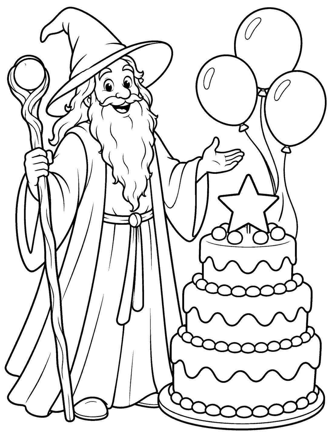A smiling wizard in robes presents a layered cake topped with a large star, with three balloons nearby.
