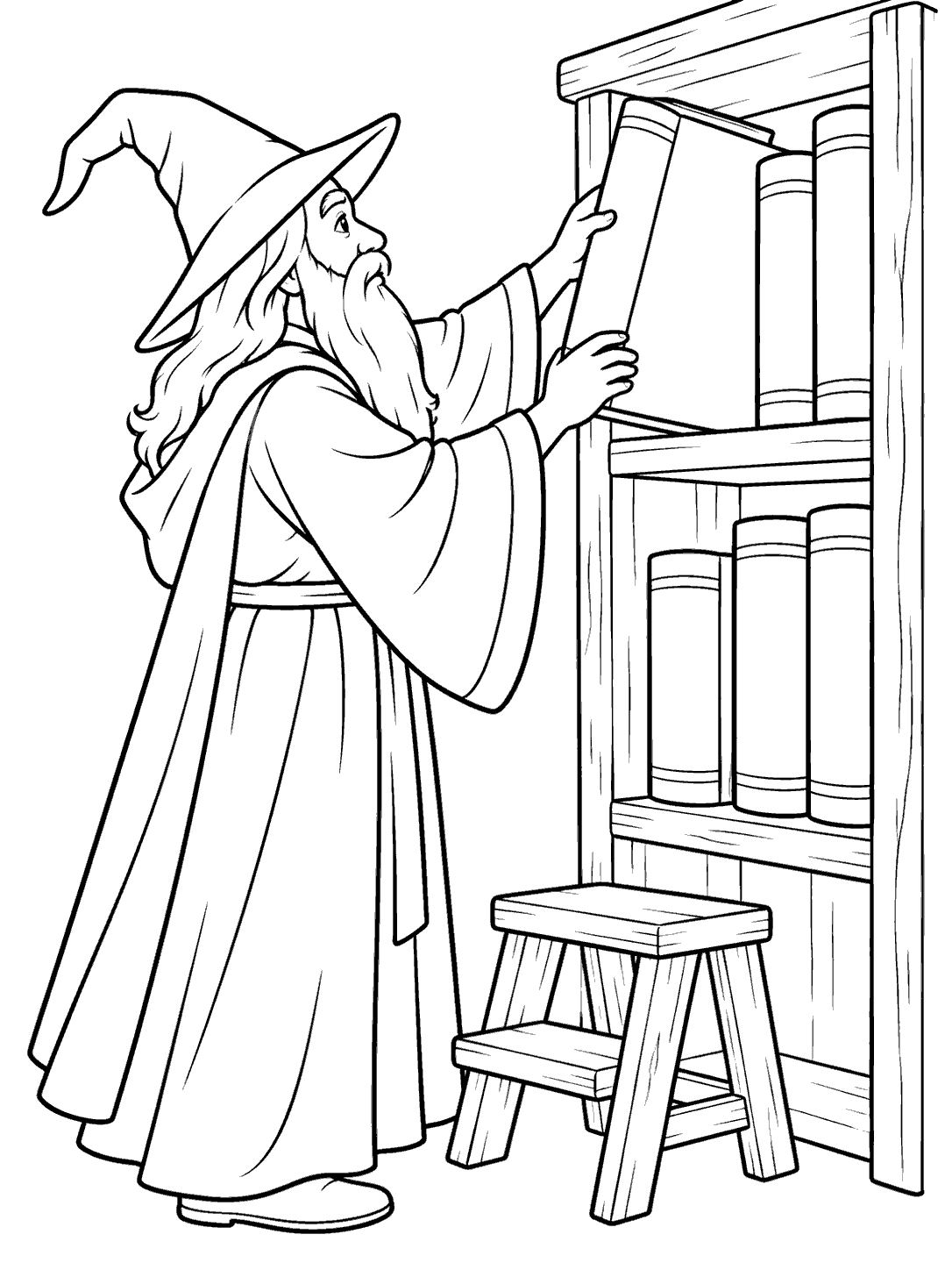 Black-and-white coloring page of a bearded wizard reaching for a large book on a shelf beside a small step stool.