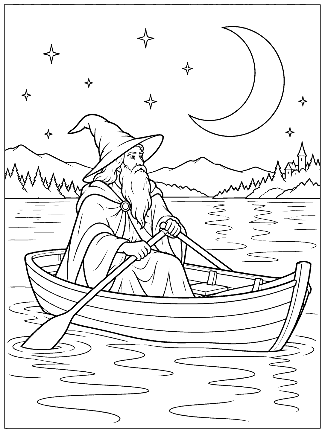Black-and-white coloring page showing a bearded wizard rowing a fully visible boat beneath a crescent moon and stars, with a distant tree-lined shore.