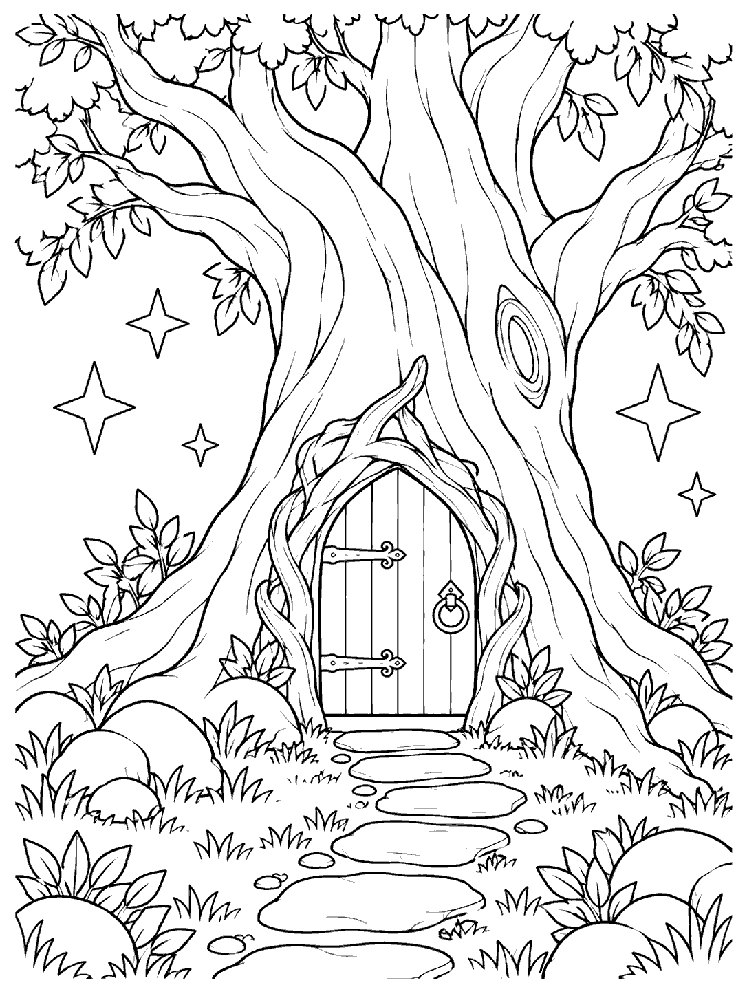 Black-and-white coloring page showing a large old tree with an arched wooden door at its base, a winding stone path, leafy plants, and floating stars.