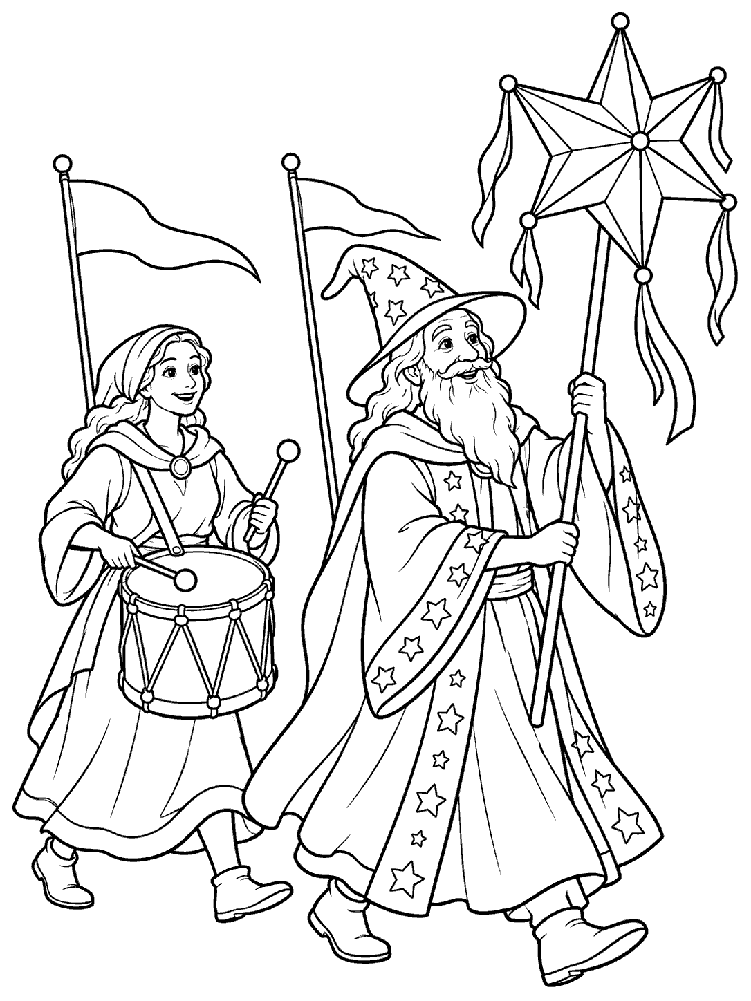 A bearded wizard in a starry robe leads a parade with a large star lantern as a second adult participant carries a drum beneath two pennants.