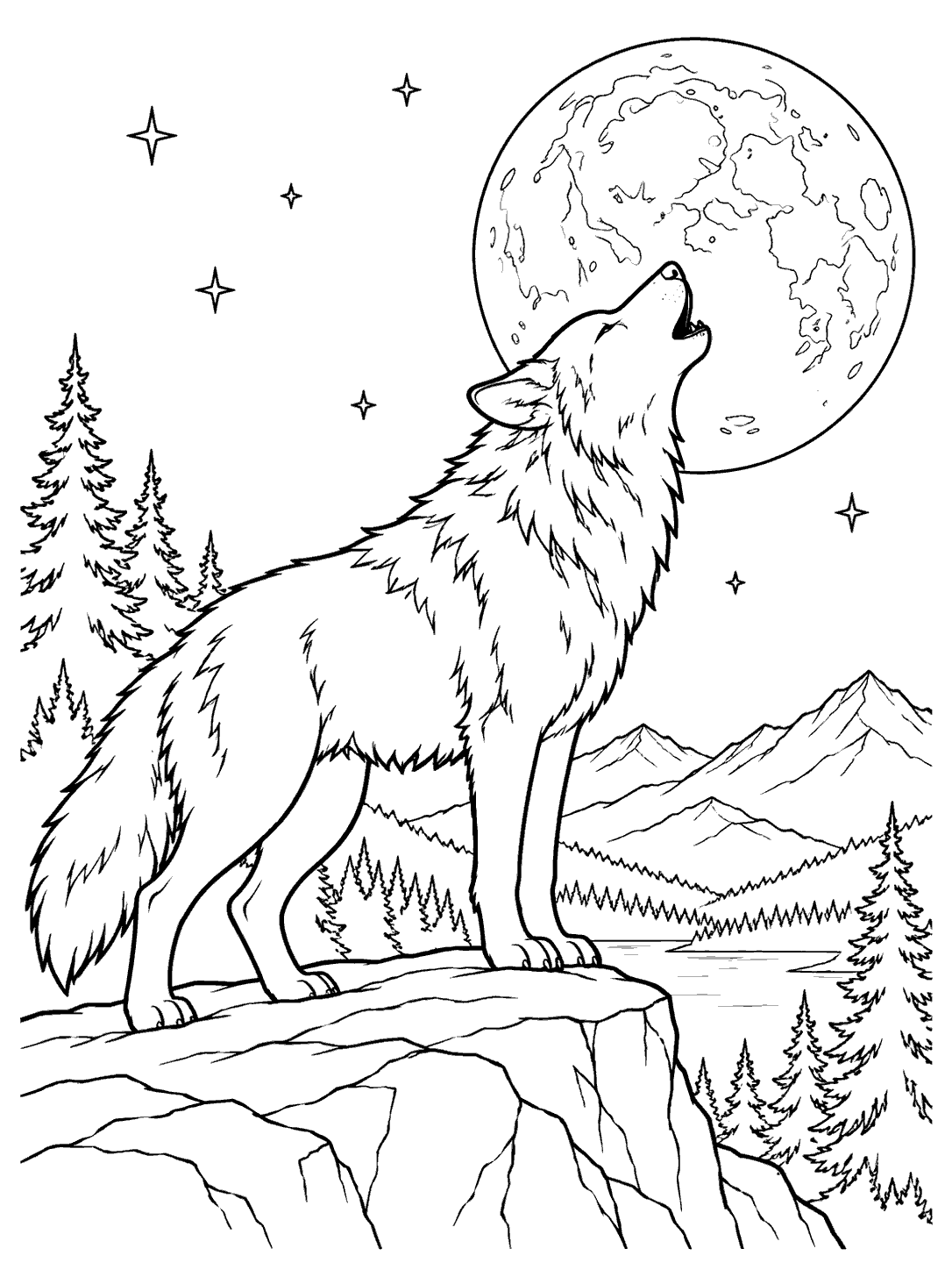 Black-and-white line art of a wolf howling on a rocky ledge beneath a full moon, with stars, pine trees, and distant mountains.