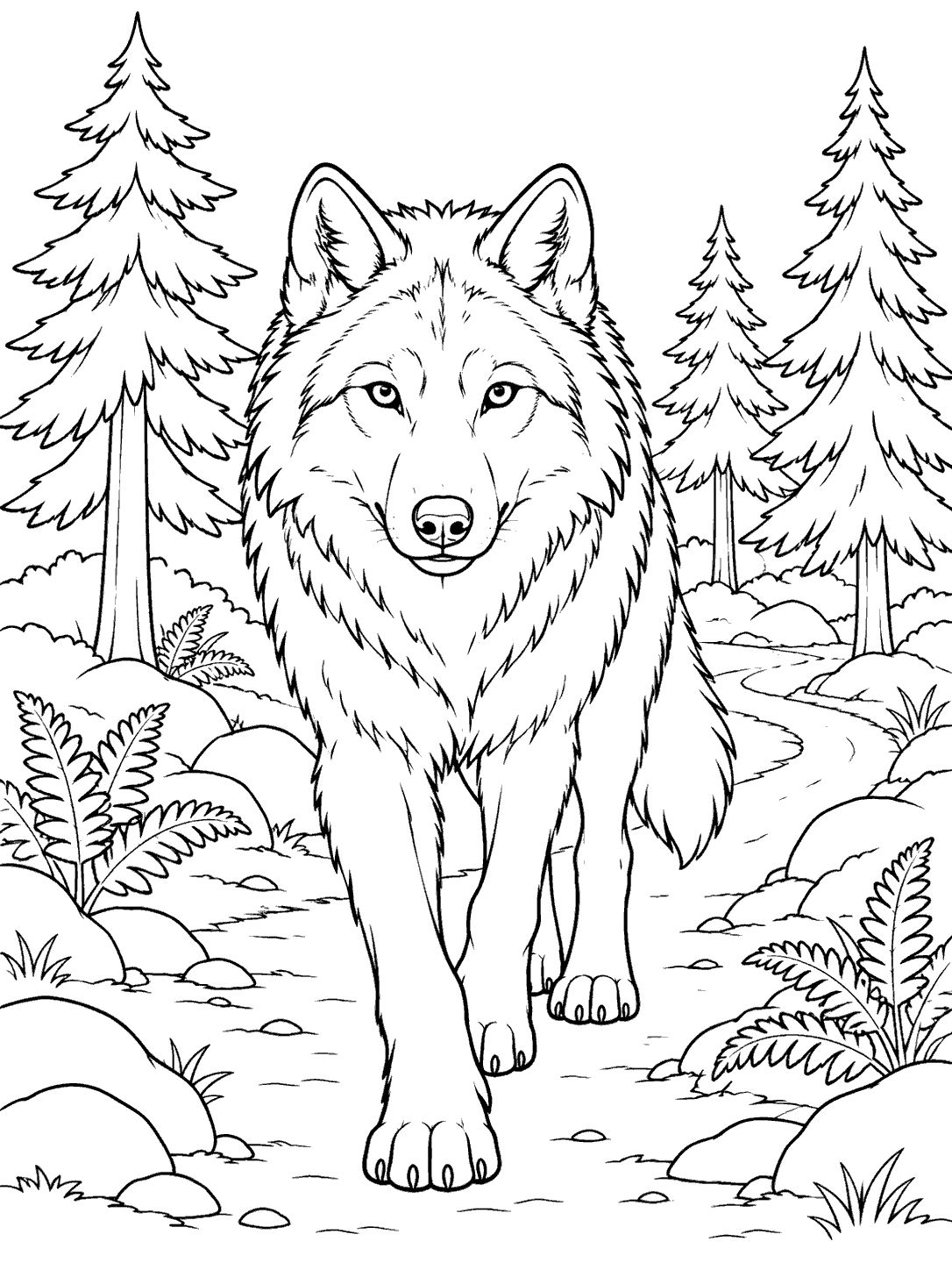 A full-body wolf walks toward the viewer along a forest path framed by pine trees and ferns.