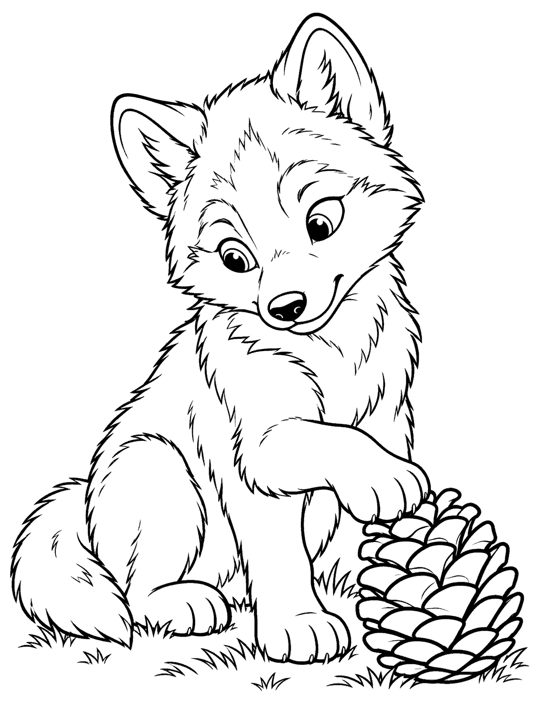 Sitting wolf pup touching a large pinecone, with a small patch of grass beneath it