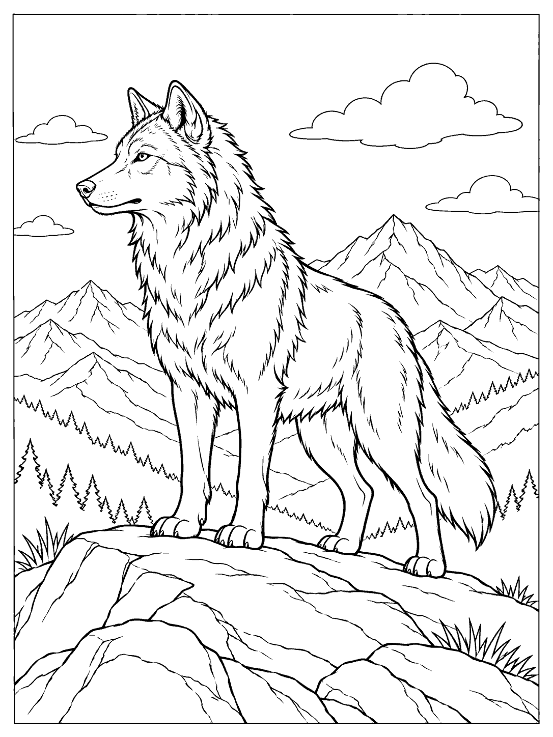 Full-body wolf facing left on a rocky mountain ridge, with layered peaks and clouds behind it.