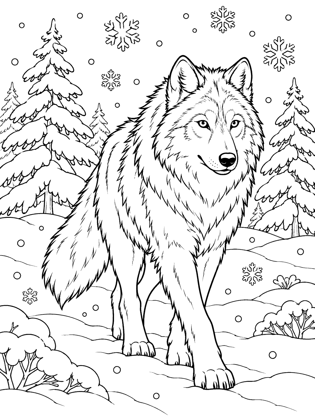 Full-body wolf walking among snow-covered pines as outlined snowflakes fall.