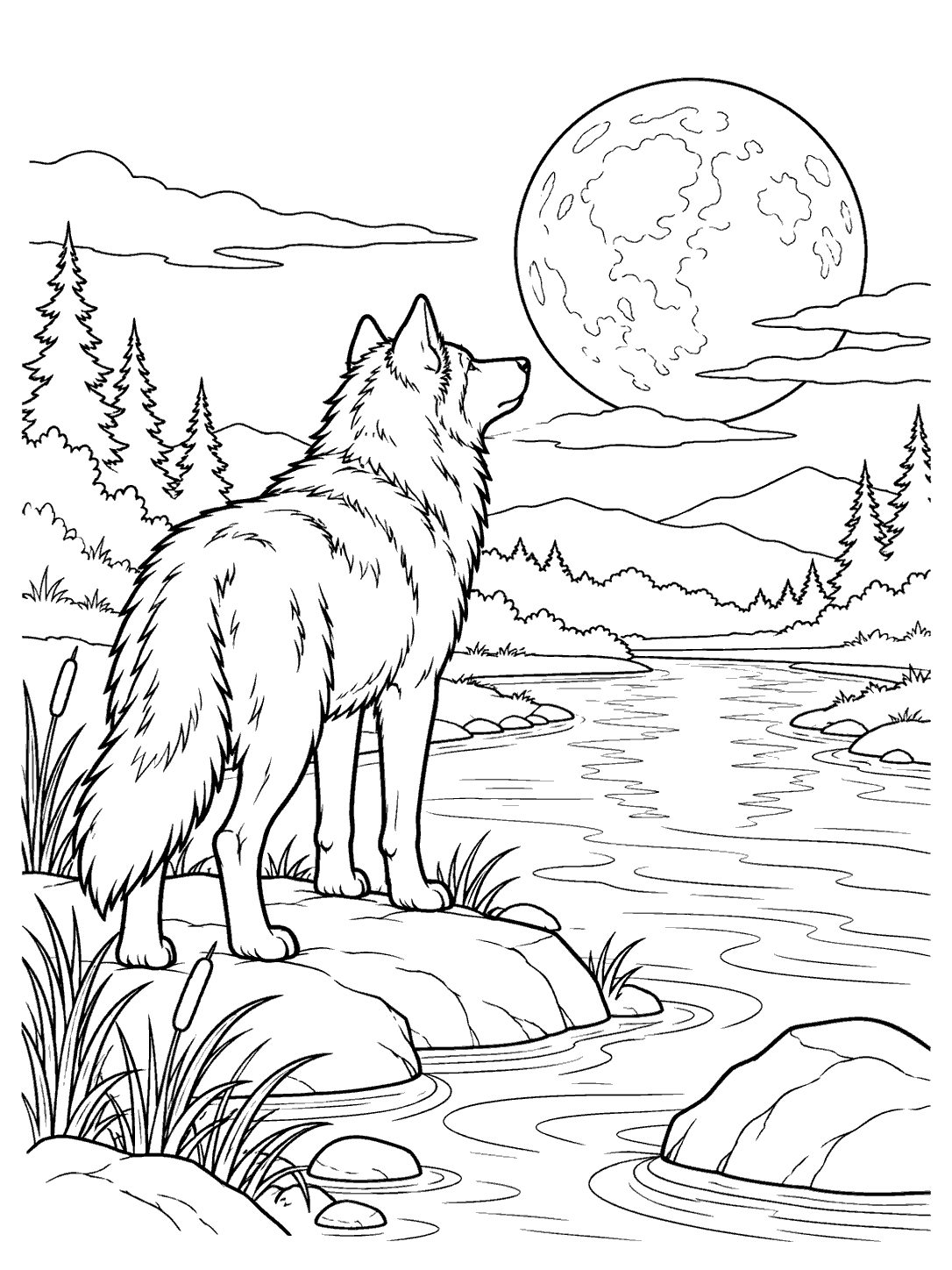 Black line art of a full wolf beside a winding stream beneath a large full moon, with rocks, reeds, and distant trees.
