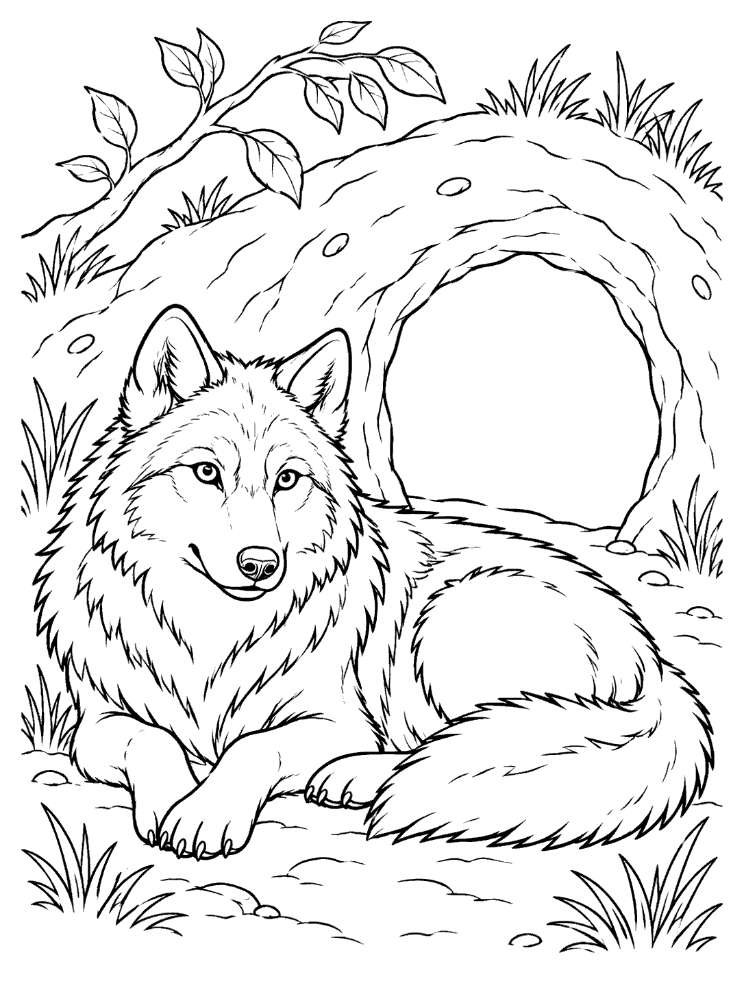 Black-and-white coloring page showing a curled wolf beside an open earthen den, with grass tufts and a leafy branch.