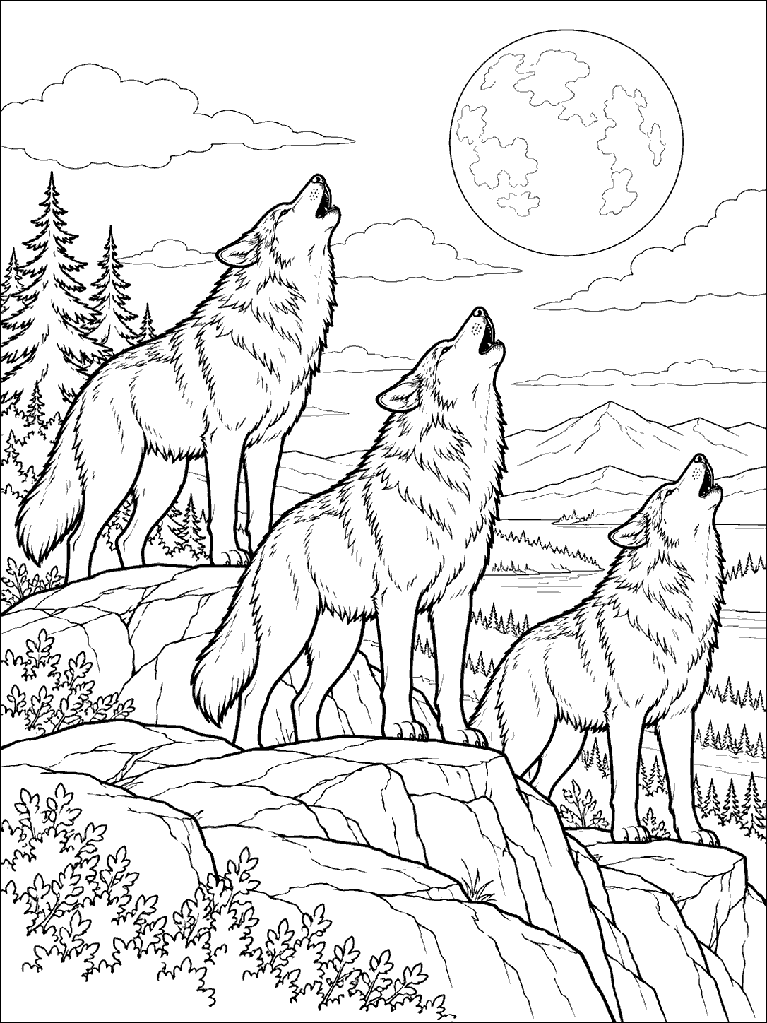 Three wolves howling together on a rocky overlook beneath a moonlit sky.