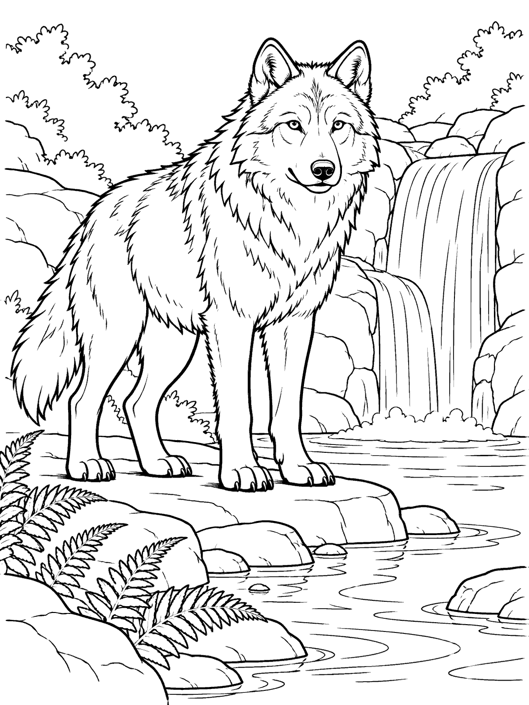 Full-body wolf standing on a rocky bank beside a waterfall and pool, with ferns in the foreground.