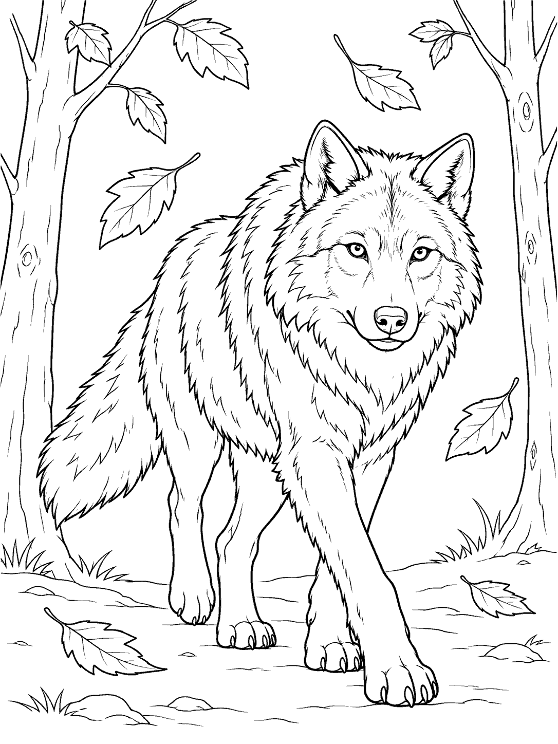 Full-bodied wolf walking through a sparse woodland among large leaves