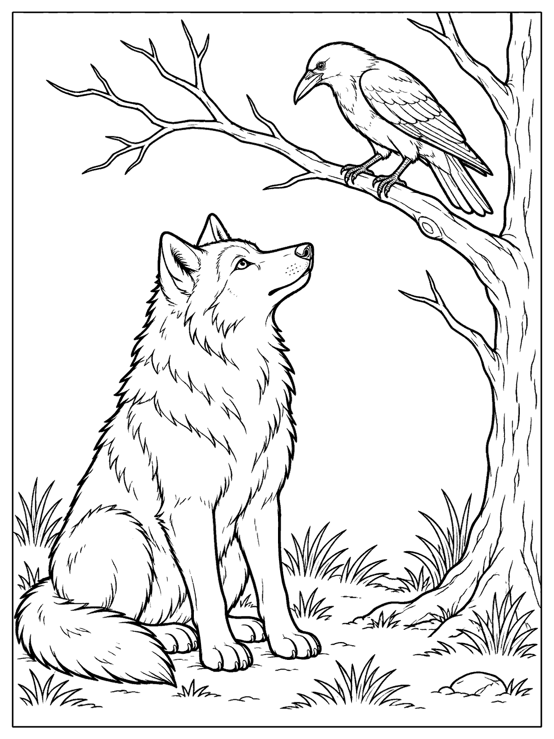 A seated wolf looks up at a raven perched on a bare branch, with grass tufts around them.