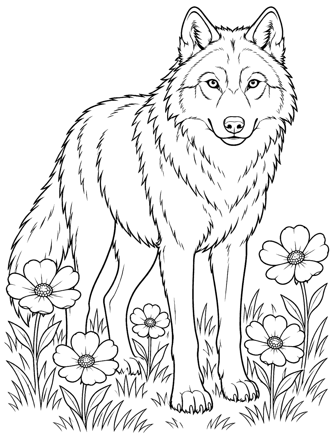 Standing wolf among five wildflowers in a meadow