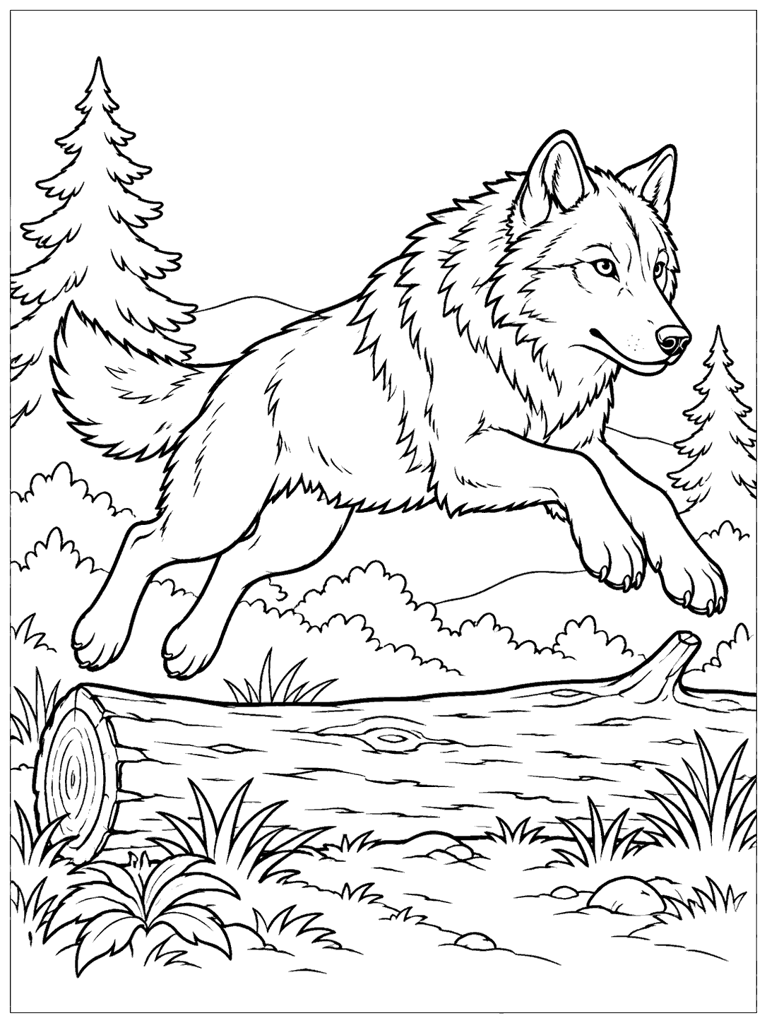 Full-body wolf leaping over a fallen log with two trees in the distance.