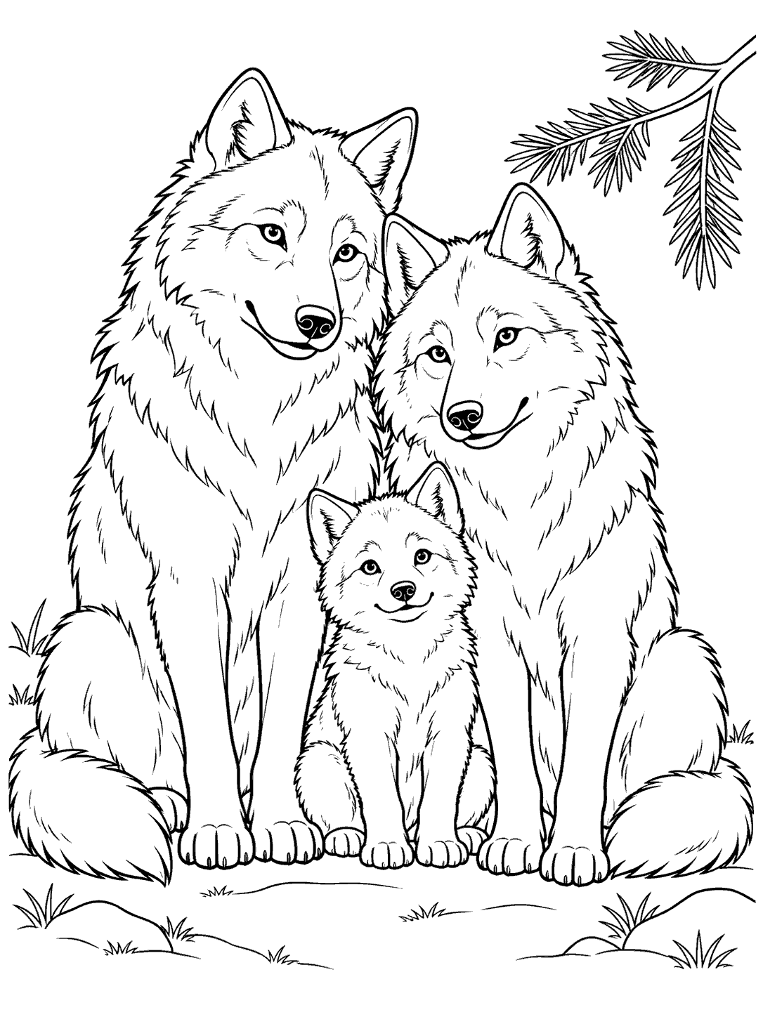 Two adult wolves sit with a small pup between them, beside a pine branch.