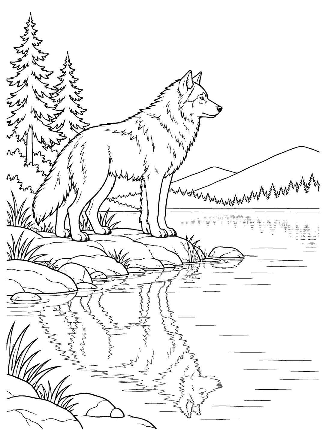A standing wolf in profile overlooks a lakeshore, with its reflection in the water and hills in the distance.