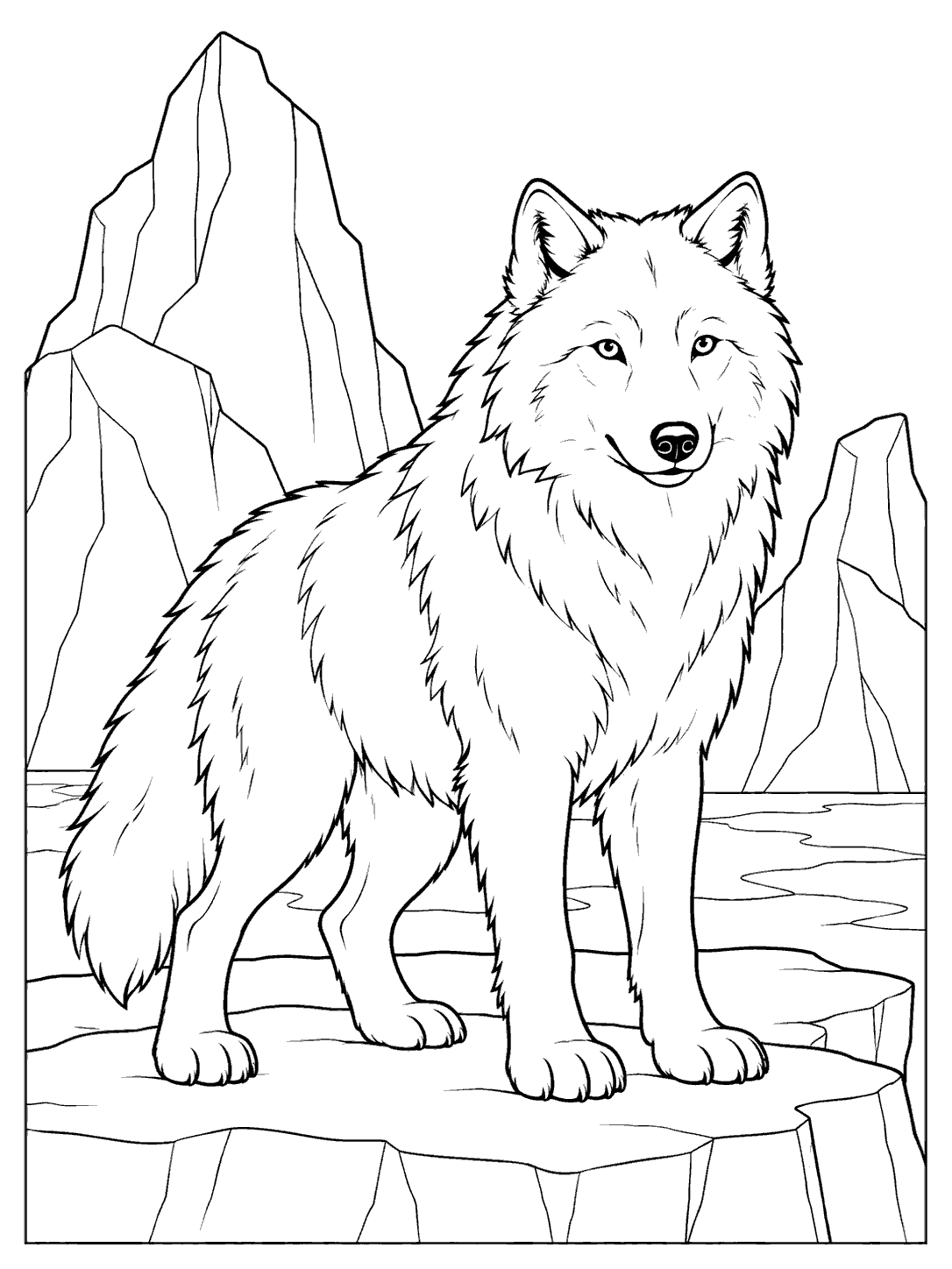 A thick-coated arctic wolf stands on an ice shelf with large ice formations behind it.
