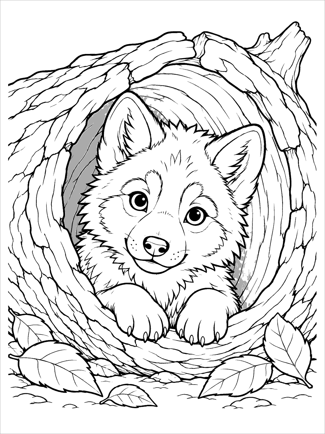 Wolf pup resting its front paws on a hollow tree opening, with leaves at the base
