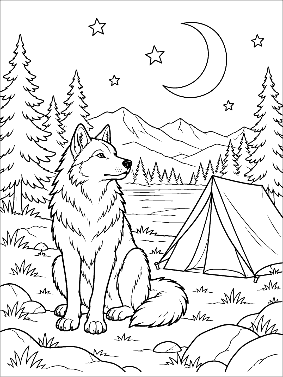 Seated wolf beside a camping tent under a crescent moon and outlined stars, with pine trees and mountains in the background.