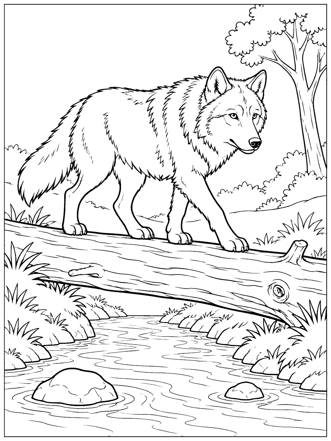 Full-body wolf walking along a broad log over a creek, with a tree and two stones nearby.