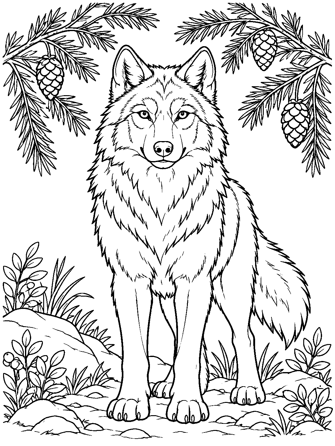 Front-facing wolf beneath arching pine branches, surrounded by pinecones and simple ground plants.