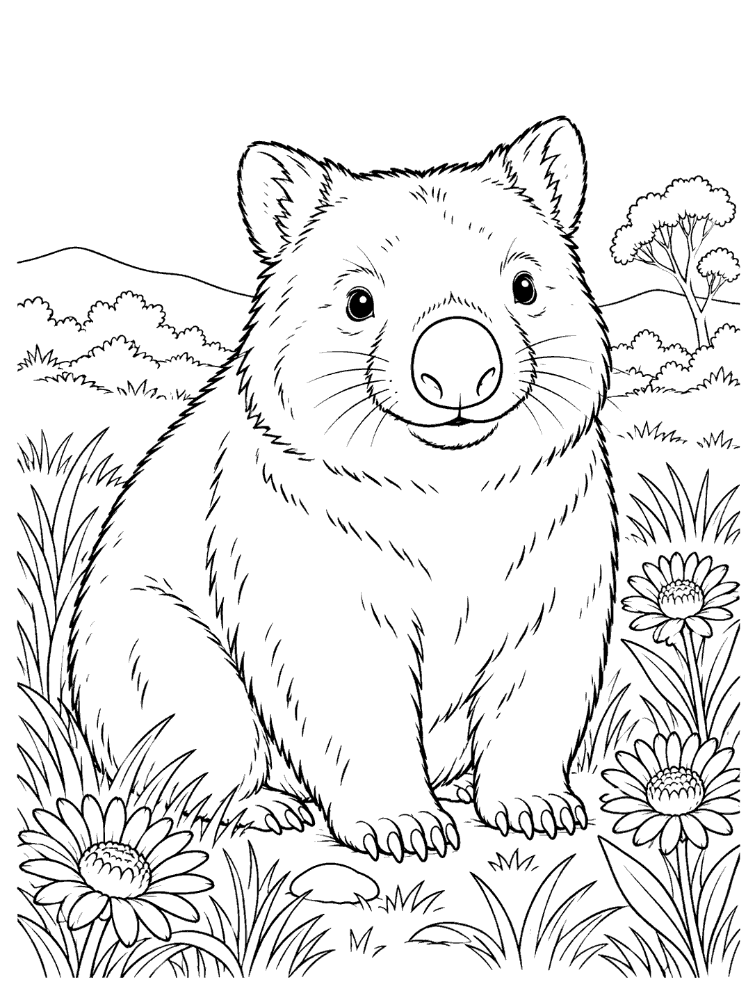Upright wombat with broad nose and rounded ears among meadow flowers and grass