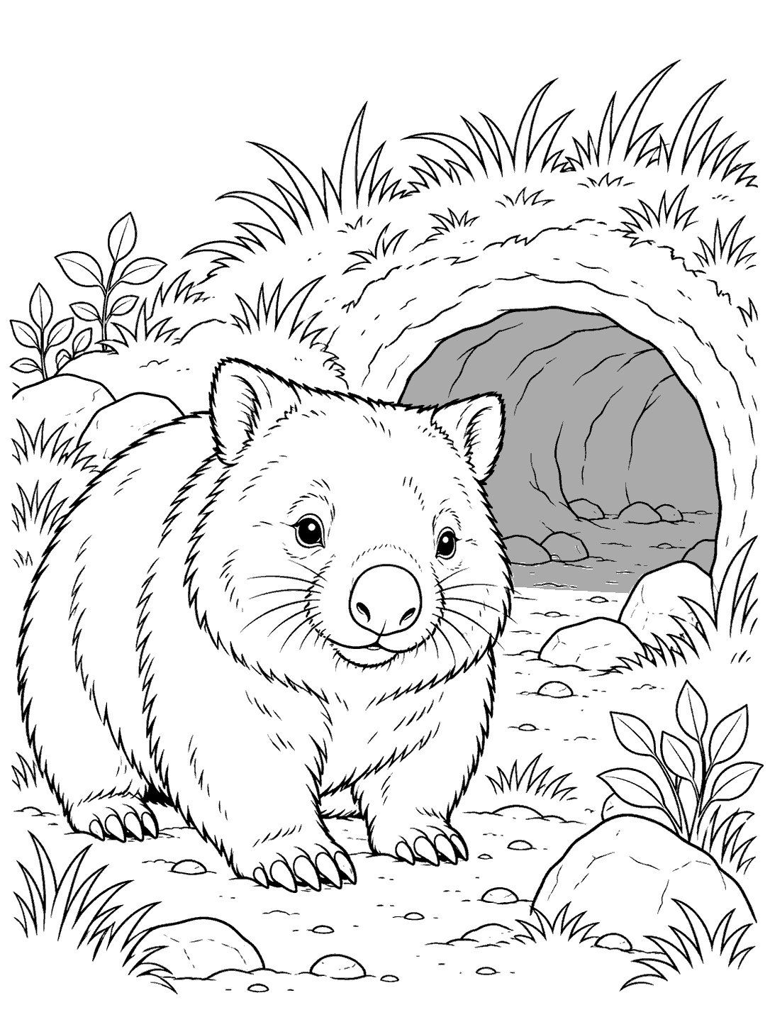 A large-eared common wombat standing beside a rounded burrow entrance in a grassy bank, with rocks and plants nearby.