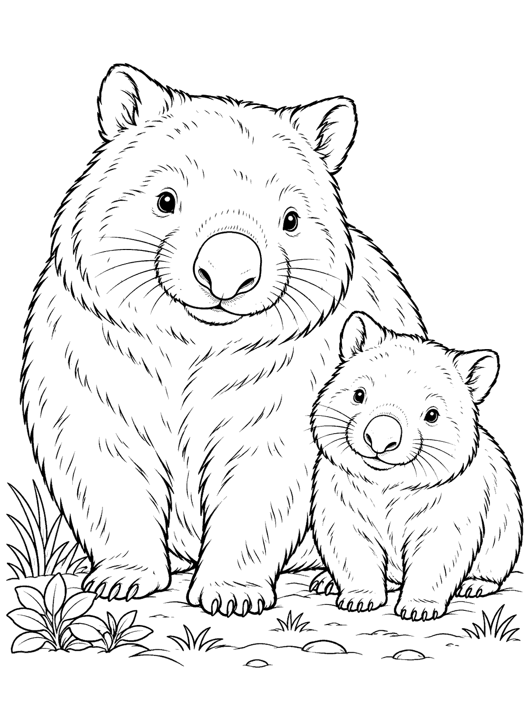 Adult wombat beside a young wombat joey