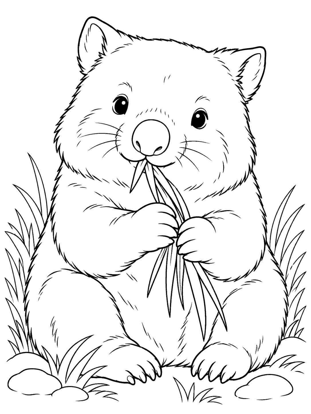 A seated wombat holding and nibbling long grass leaves, with grass and stones around it.