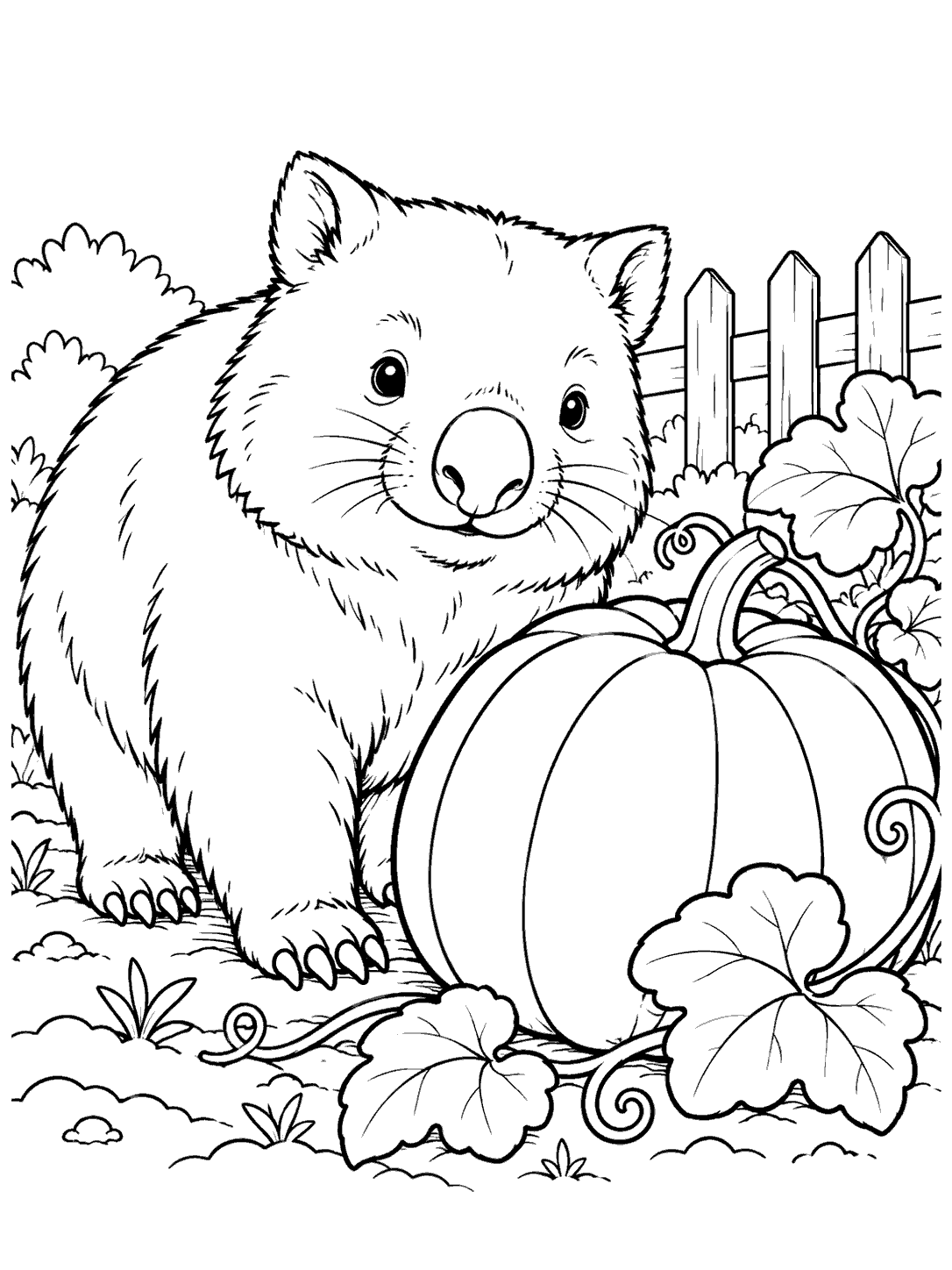 A large, friendly wombat beside a ribbed pumpkin, vine, and broad leaves in a garden.