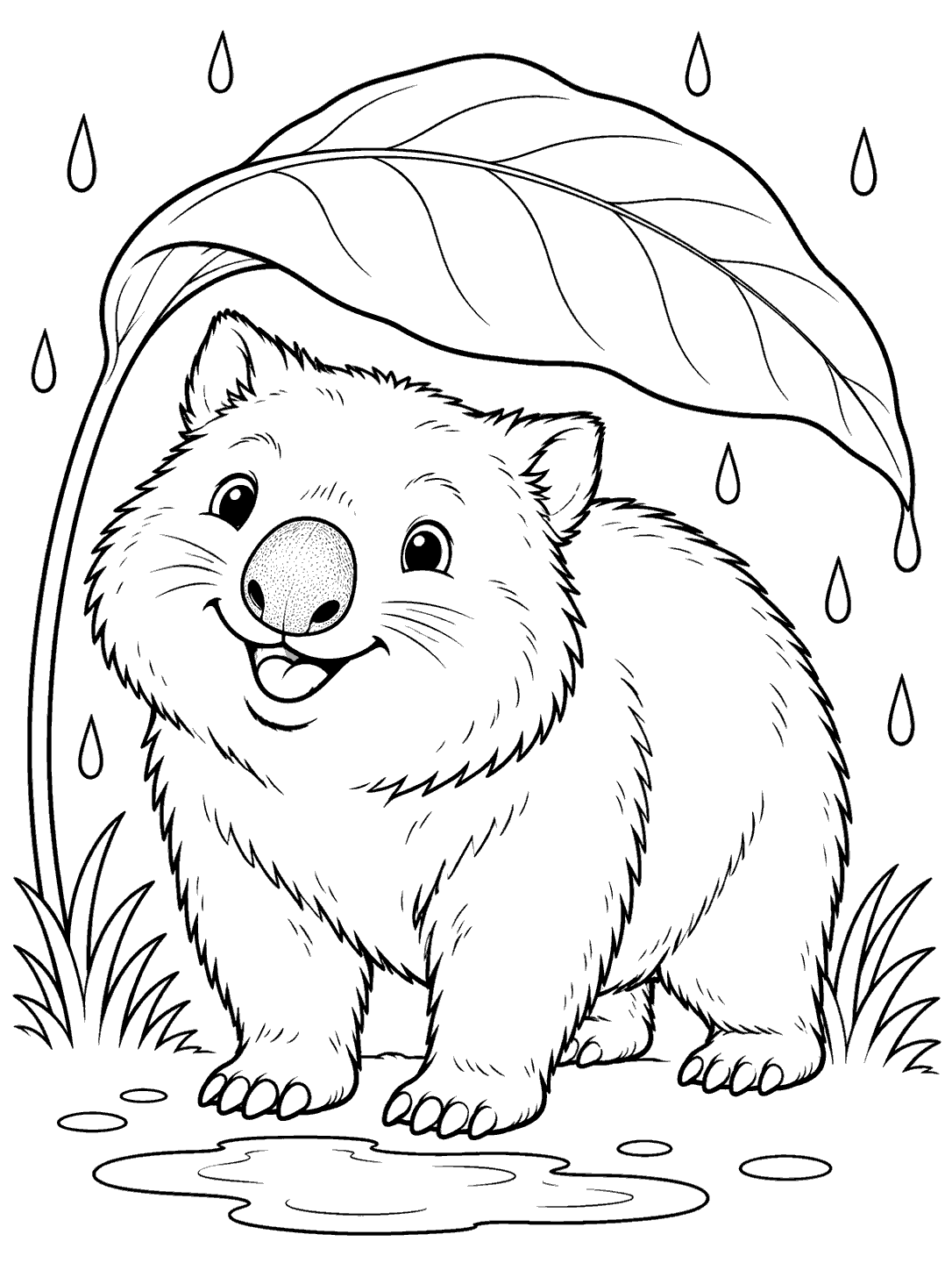 A fully visible cheerful wombat beneath a large curved leaf as raindrops fall, with grass clumps and a puddle.