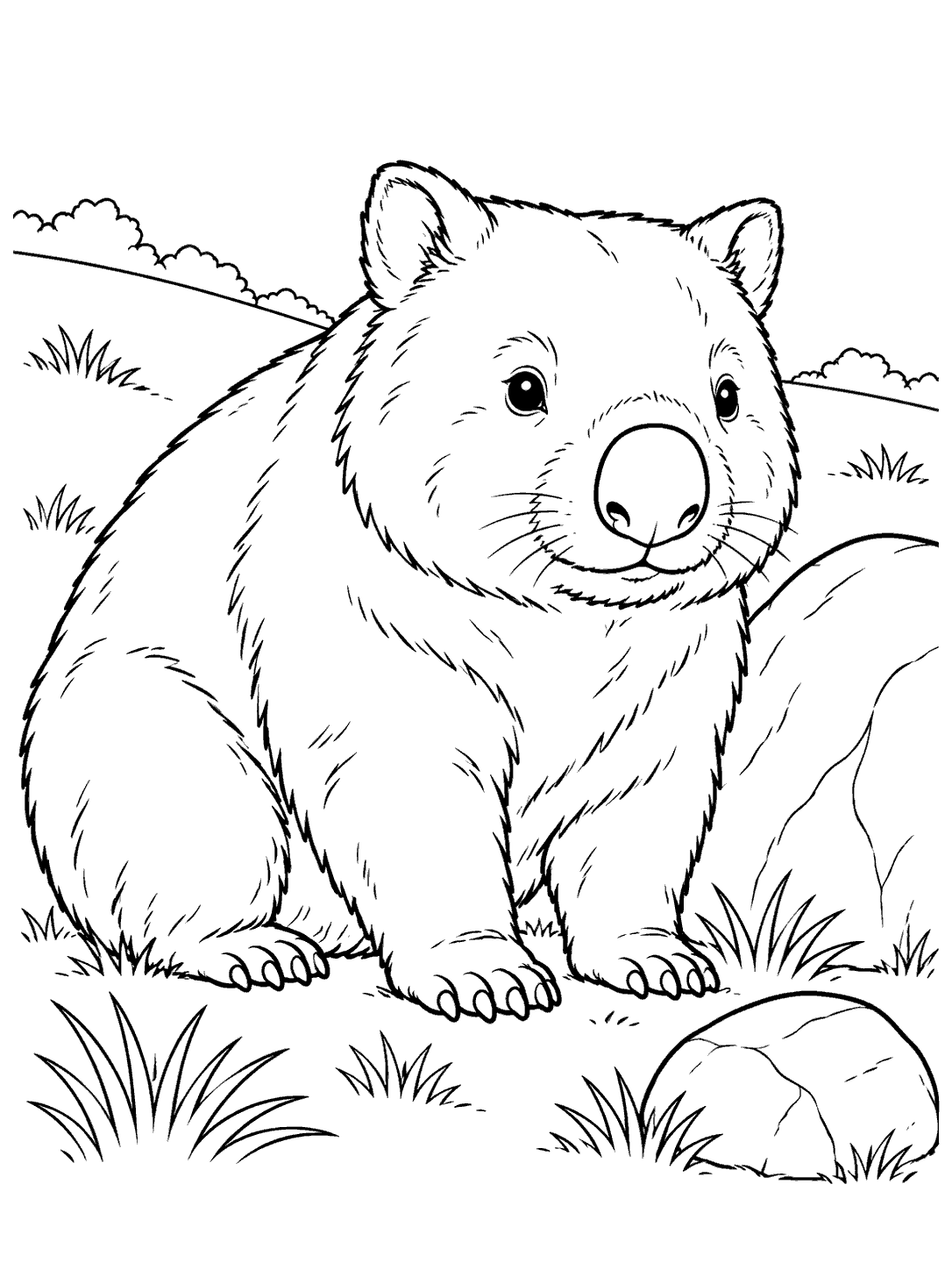A large-eared wombat sitting beside two rocks among grass tufts on a hillside, drawn in black outlines.