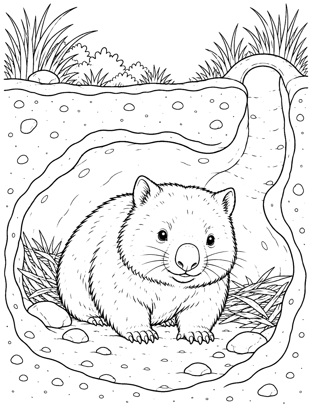 A wombat sitting in a spacious underground burrow chamber with a visible entrance tunnel, stones, and grass.