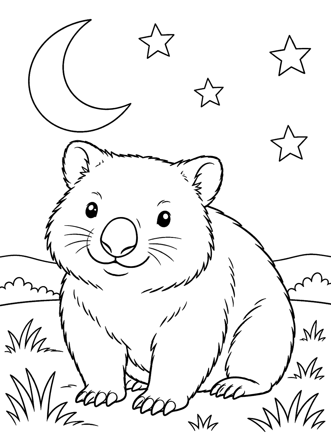 A seated wombat beneath a crescent moon and four stars, with grass and a low horizon.